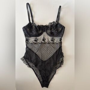 Victoria’s Secret Lace Mesh Bodysuit Teddy Black Gold Embroidery M/L